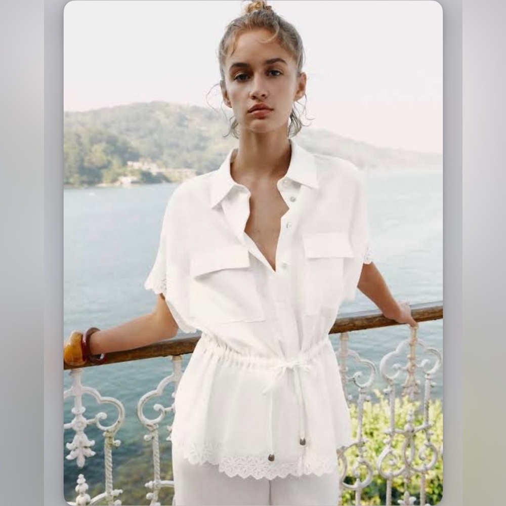 ZARA White ramie shirt with lace and waist tie. New, Medium